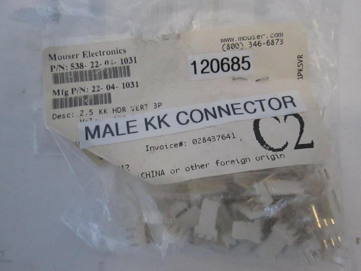 Mouser Electronics Male KK Connector, 2.5 KK HDR Vert 3P, New Lot of 30