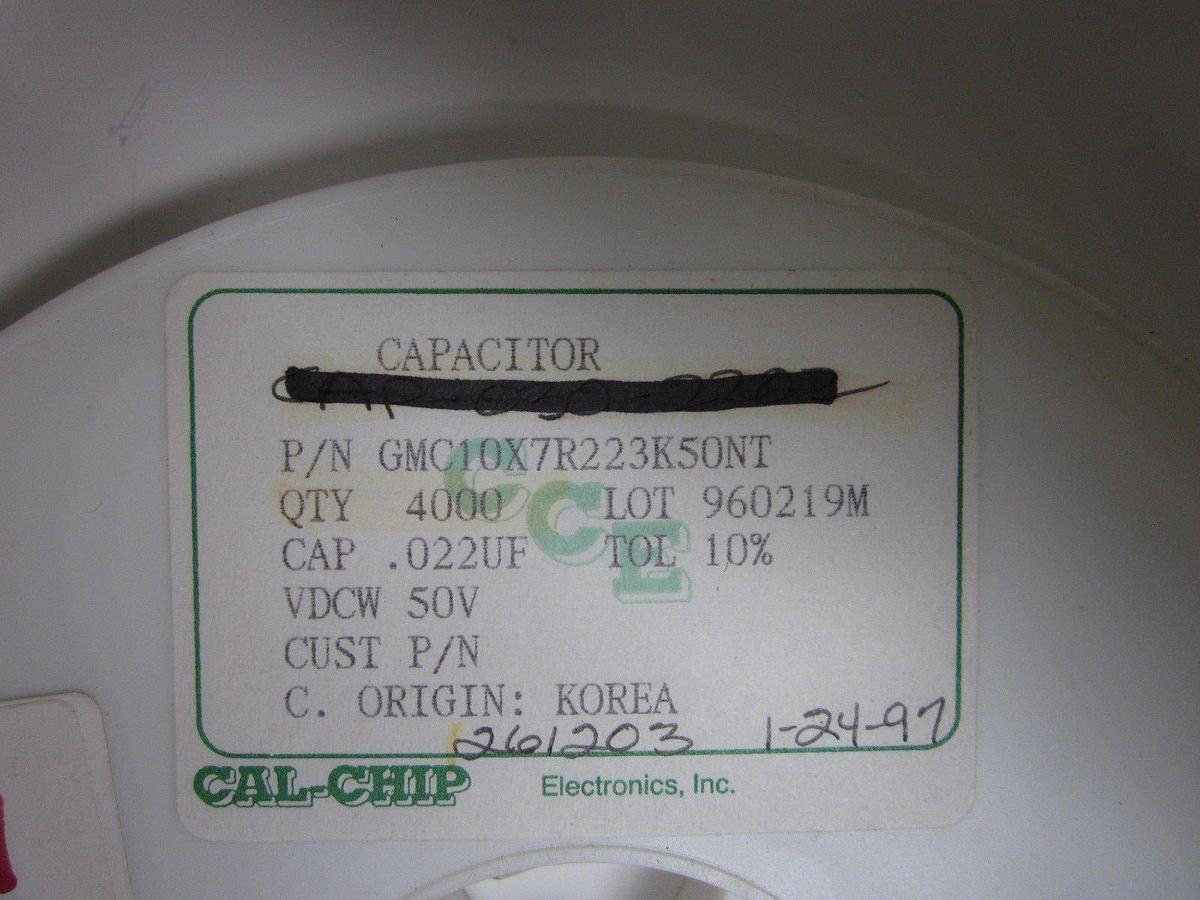 CAL-CHIP Ceramic Capacitor, GMC10X7R223K50NT, 50V, 10%TOL, Reel of 4000