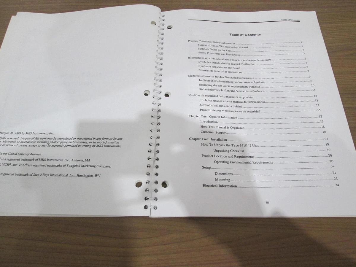 Used MKS, Type 141A/142A, Vacuum Pressure Switch, Instruction Manual, Used