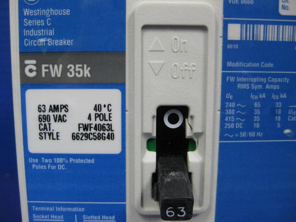 Used Westinghouse Series C FWF4063L Circuit Breaker, 690V 63A, 4 Pole, Used