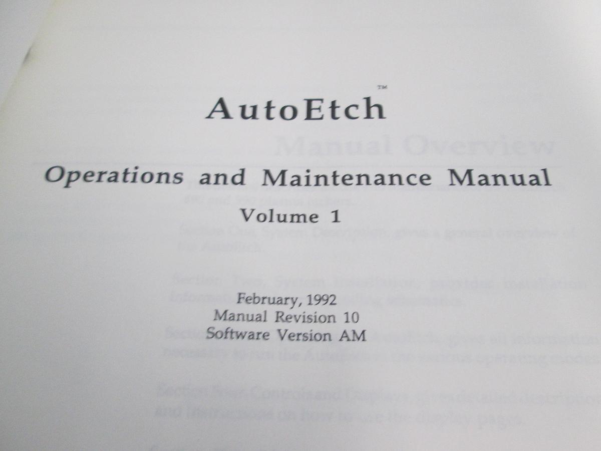 Used LAM Research, AutoEtch, Operations and Maintenance Manual, Volume 1, Used