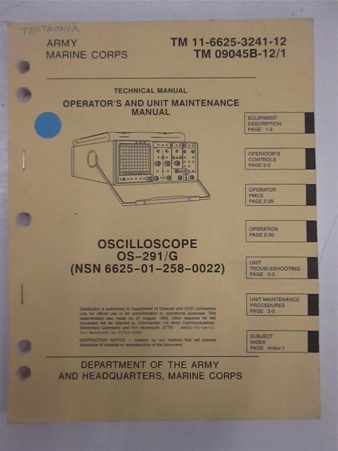Used Tektronix OS-291/G Oscilloscope Operator and Maintenance Manual, Used