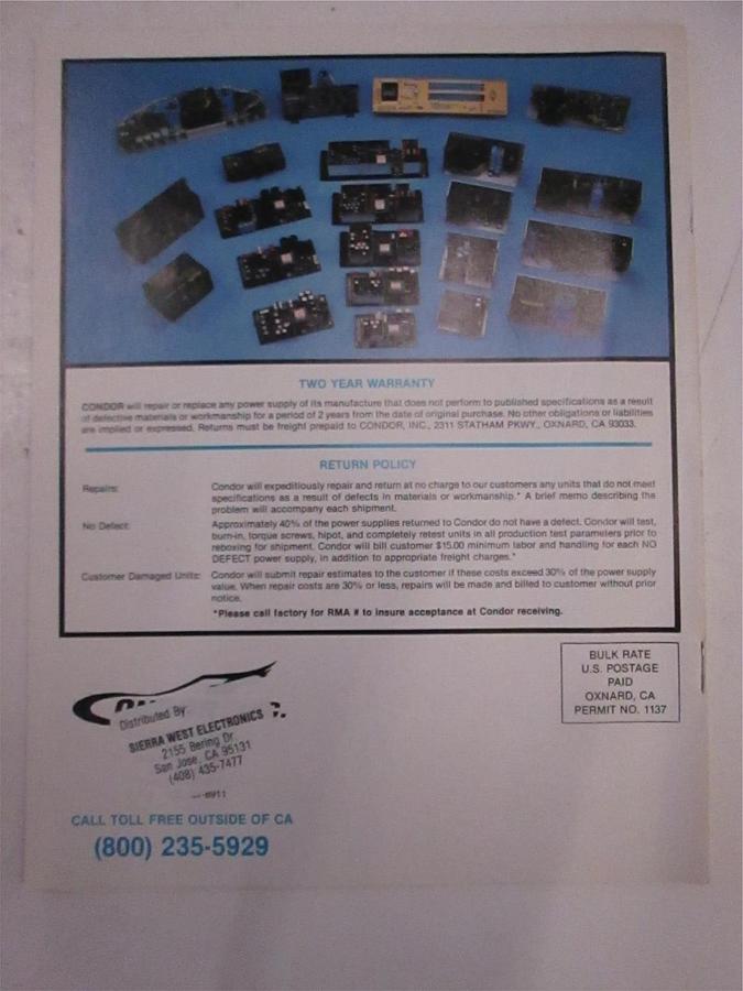 Used Condor Inc. D.C. Power Supplies Catalog, Used