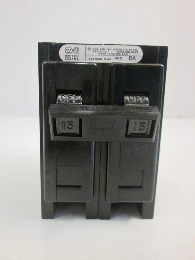 Used Westinghouse Quicklag Circuit Breaker MG-5495, 2 Pole, 15A