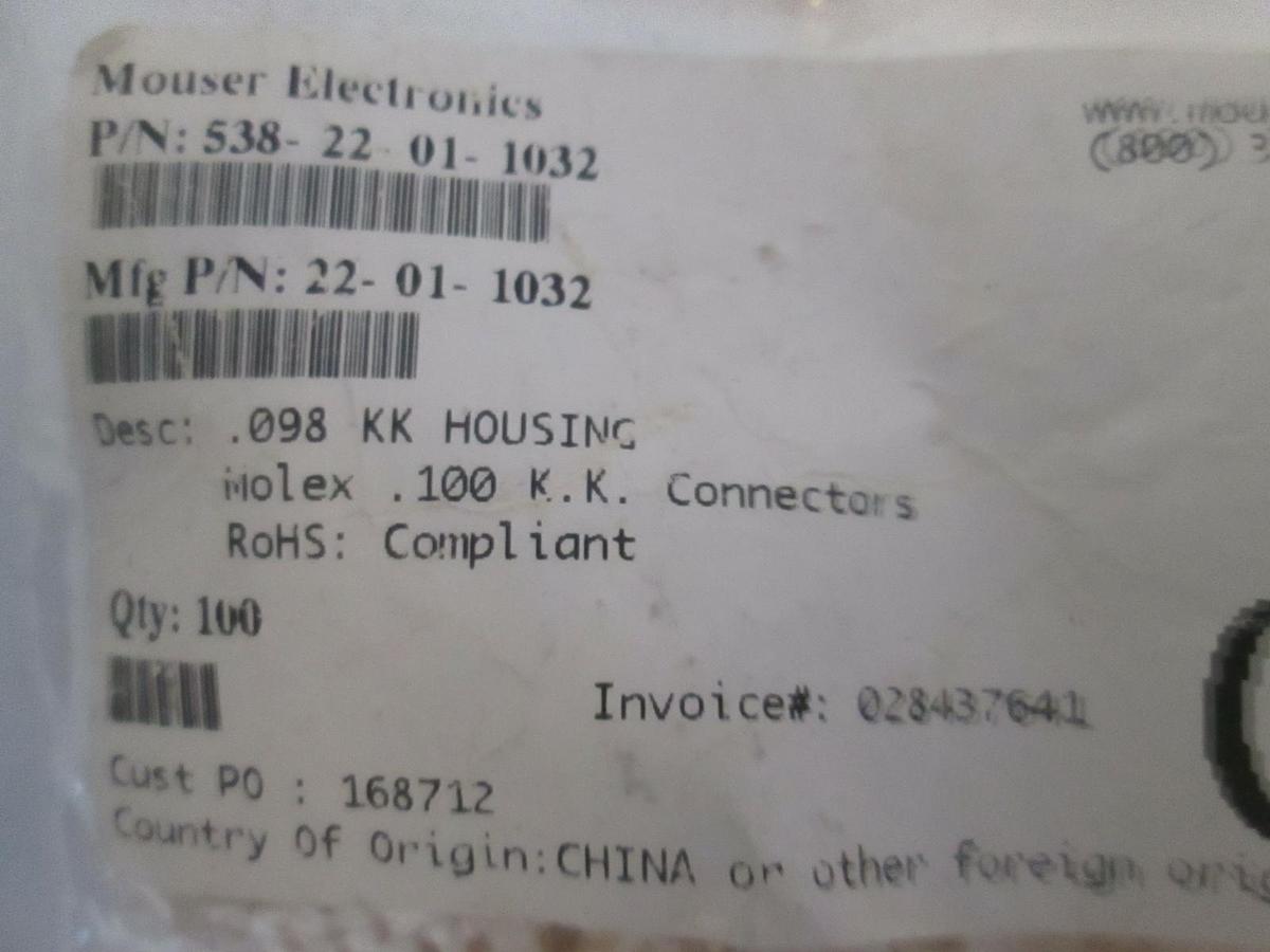 Mouser Electronics Female KK Connector, .098 KK Housing, New Lot of 100