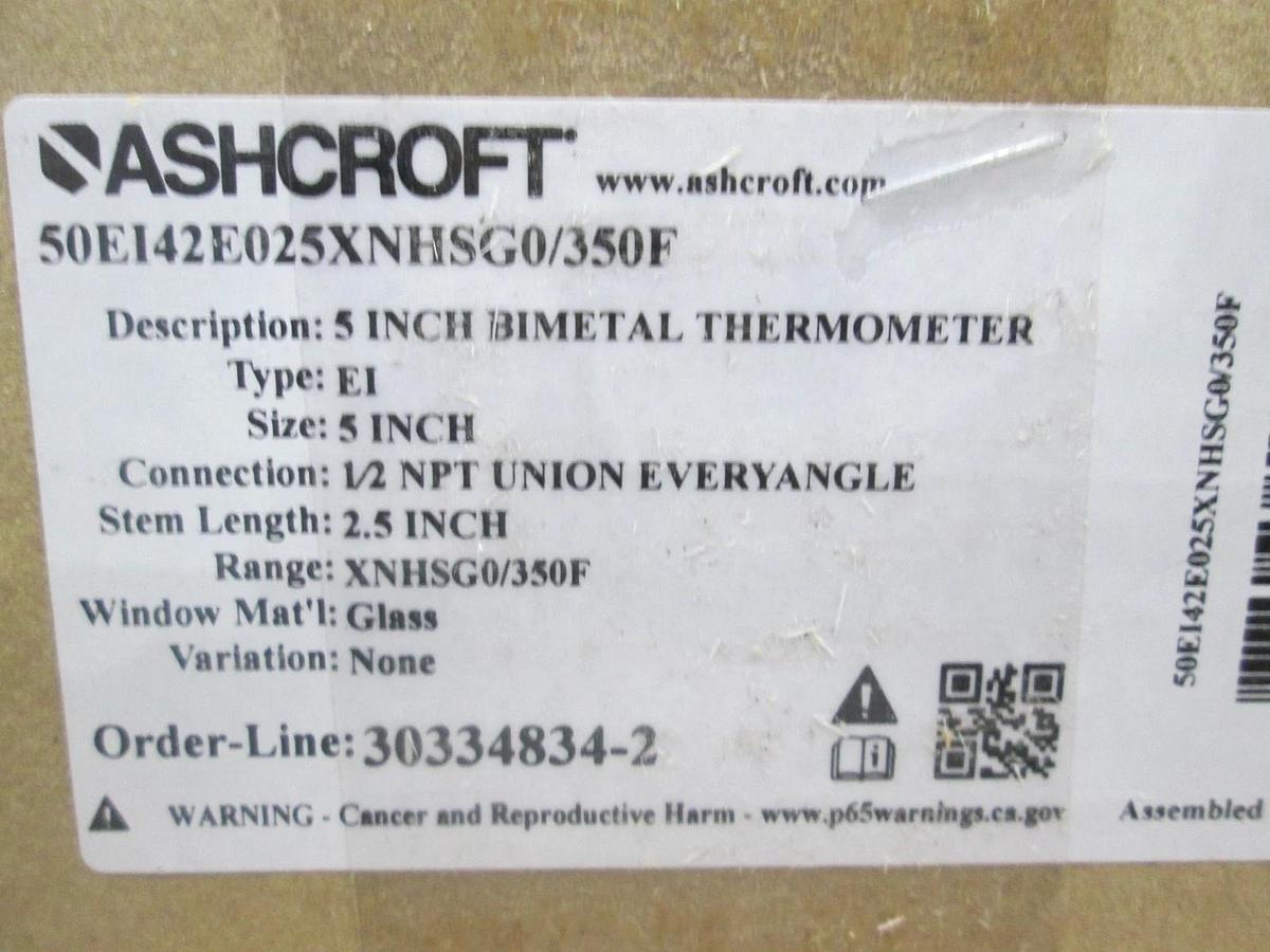 Ashcroft, 50E142E025XNHSG0/350F, 5" Bimetal Thermometer, 1/2" NPT Union, New