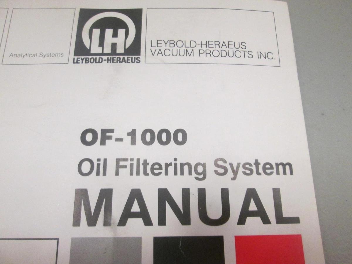Used Leybold-Heraeus, 722-78-009, OF-1000 Oil Filtering System Manual, Used