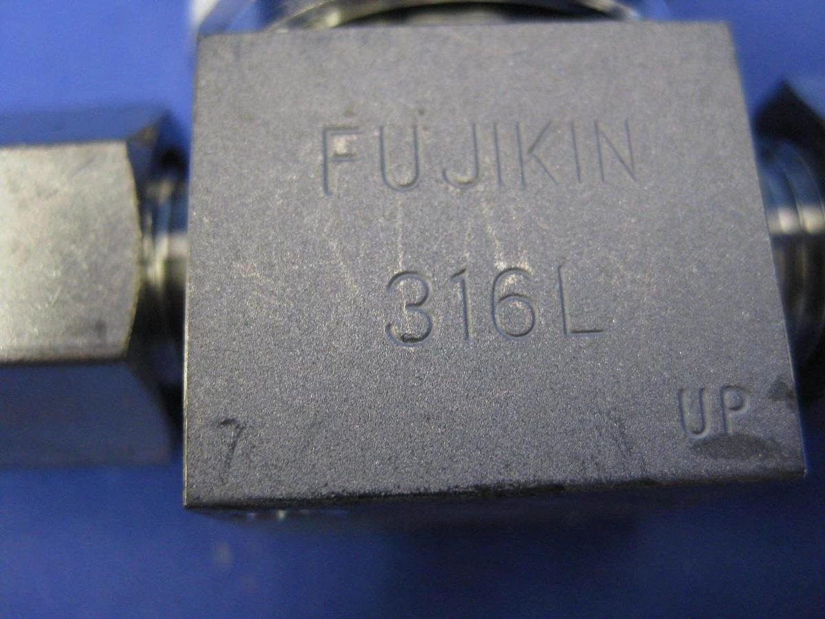 Used Fujikin Indicating Shut Off Valve, 1/4" MVCR x Elbow Tube Assy & 1/4" MVCR