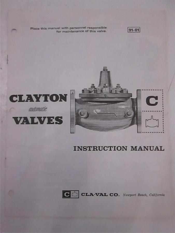 Used Cla-Val Co. Model 91-01 Instruction Manual, Used