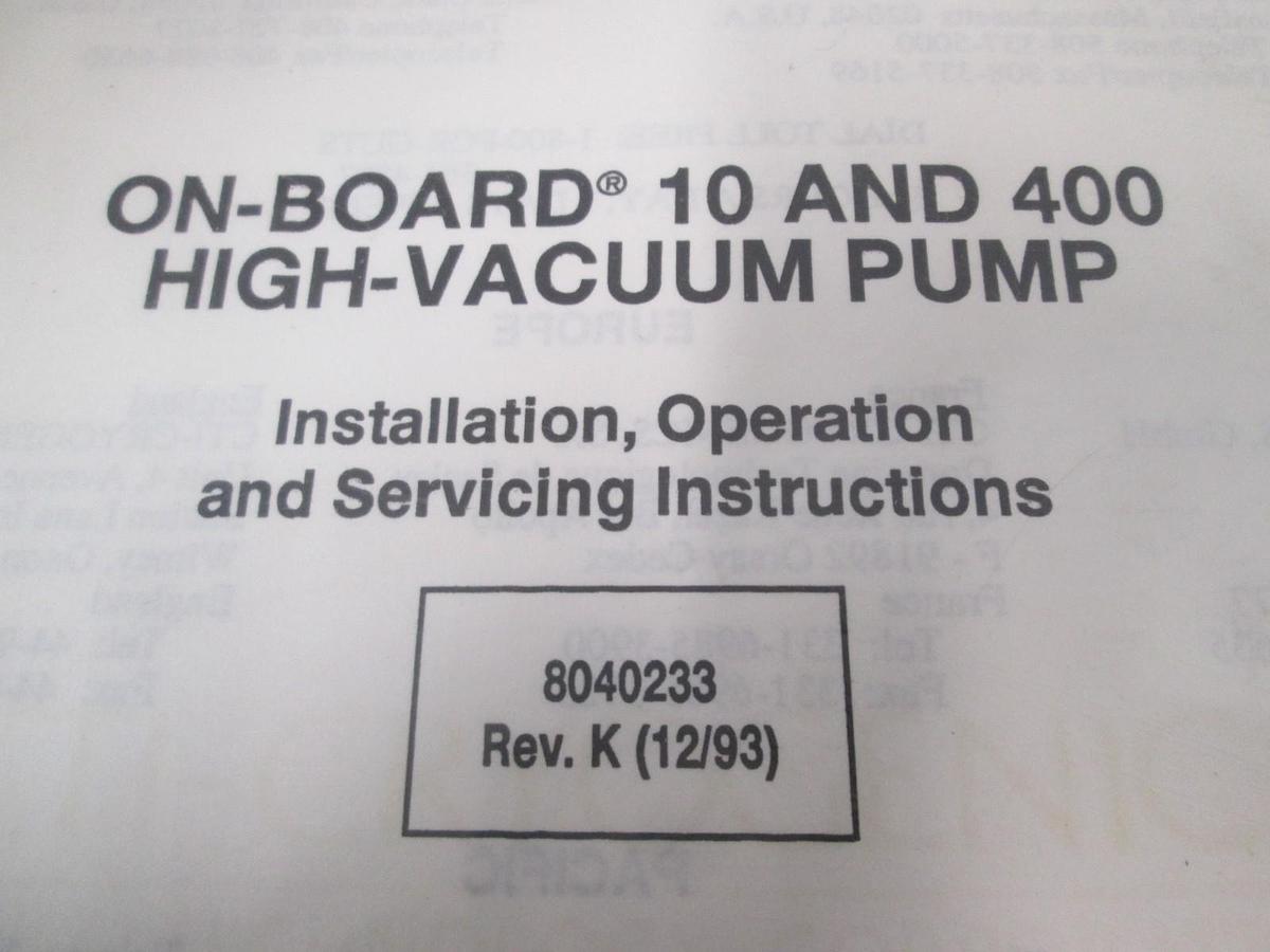 Used Cryogenics, On-Board 10 and 400, Installation, Operation, Service, Used