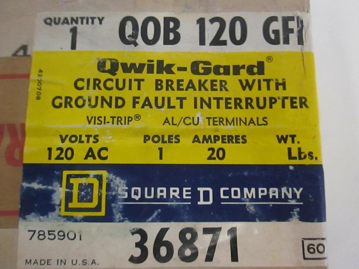 Used Square D, Q0B120GFI, 1 Pole Circuit Breaker w/Ground Fault Interrupter, New