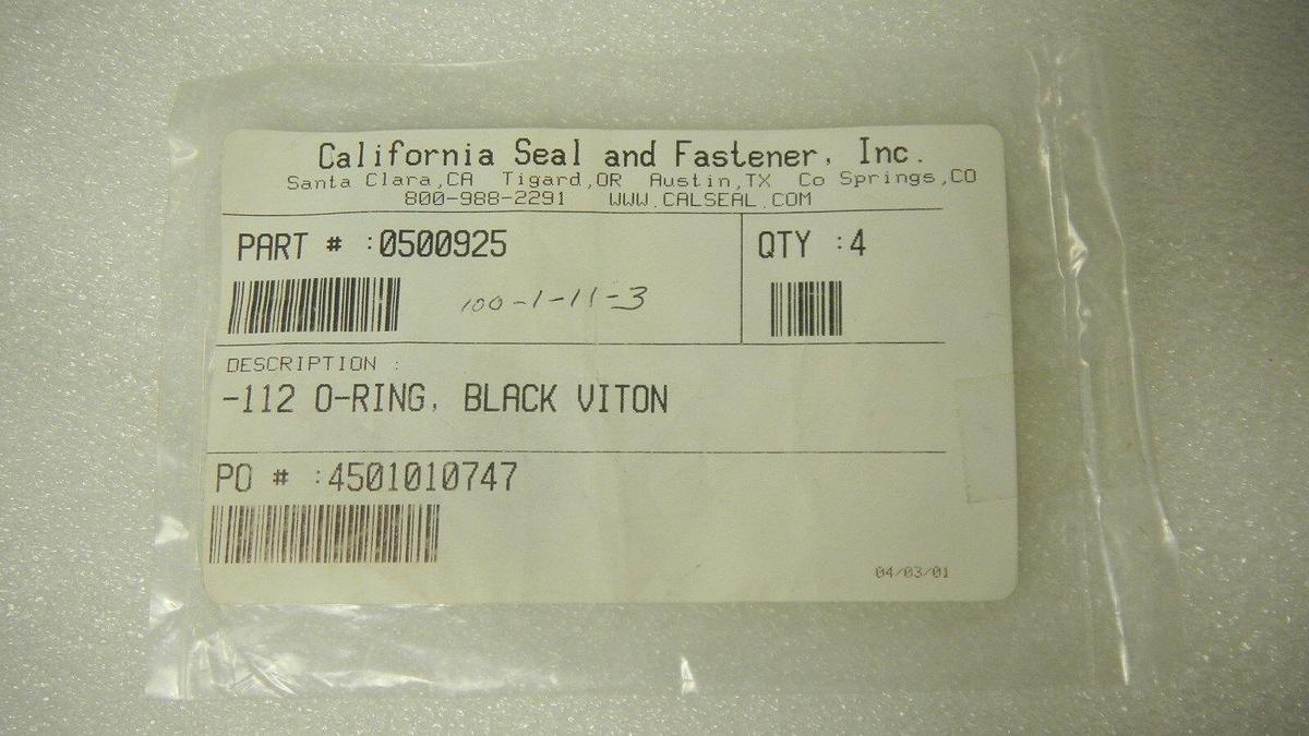 Used California Seal, 0500925, Black O-Ring, -112 O-Ring Black Viton, Lot of 4, NIP