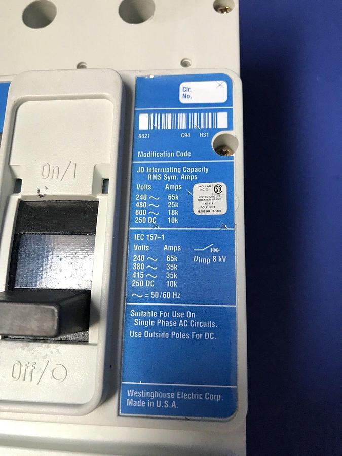 Used WESTINGHOUSE JD 25K JD3250F 250A, 600V Circuit Breaker, Used