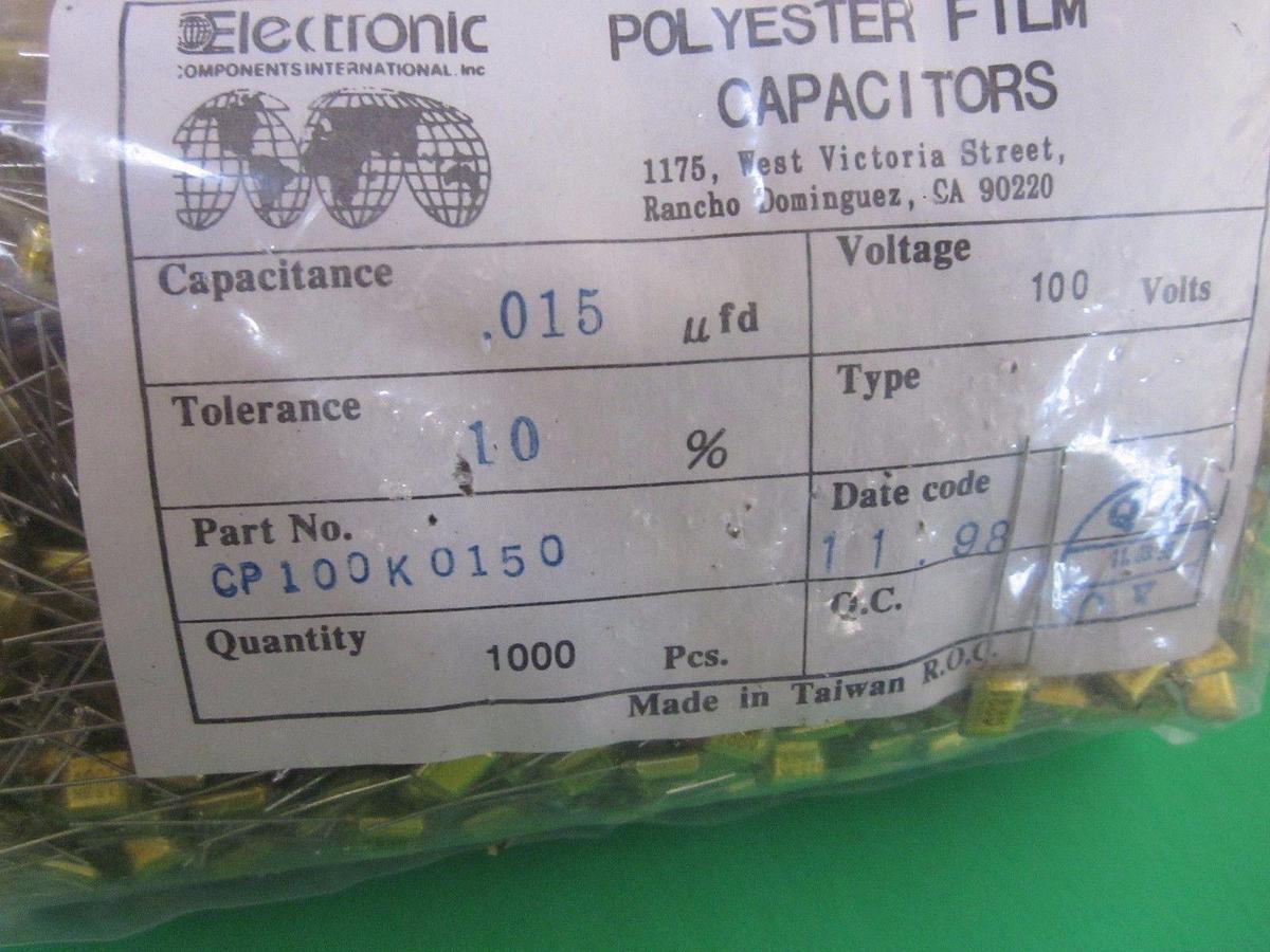 Used EIC Polyester Film Capacitor, CP100K0150, 0.015uF, 100V, 10% - LOT of 1000