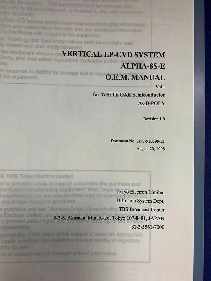 Used Tokyo Electron ALPHA-8S-E Vertical LP-CVD As-D-POLY O.E.M. Manual Volume 1, Used