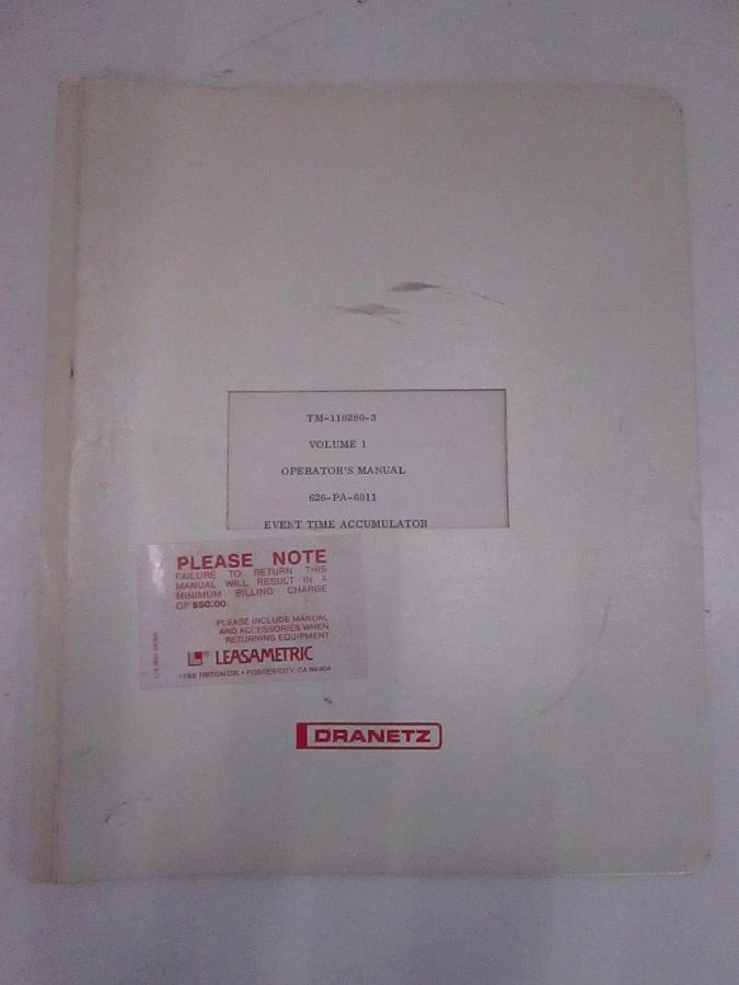 Used Dranetz TM-110280-3 Volume 1 Event Time Accumulator Operators Manual, Used