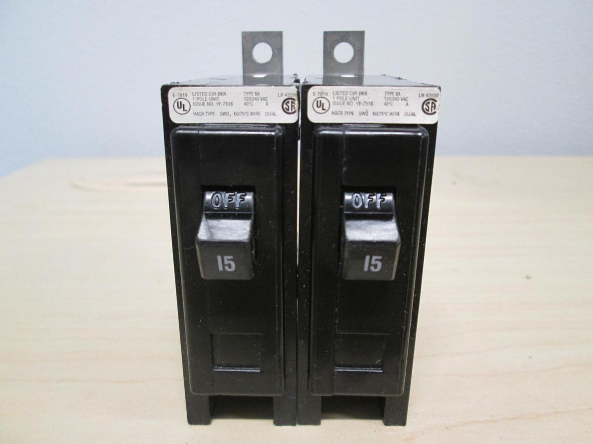 Used Cutler Hammer, YF-7516,Type BA, Single Pole Circuit Breaker, 15A, Used, Lot of 2