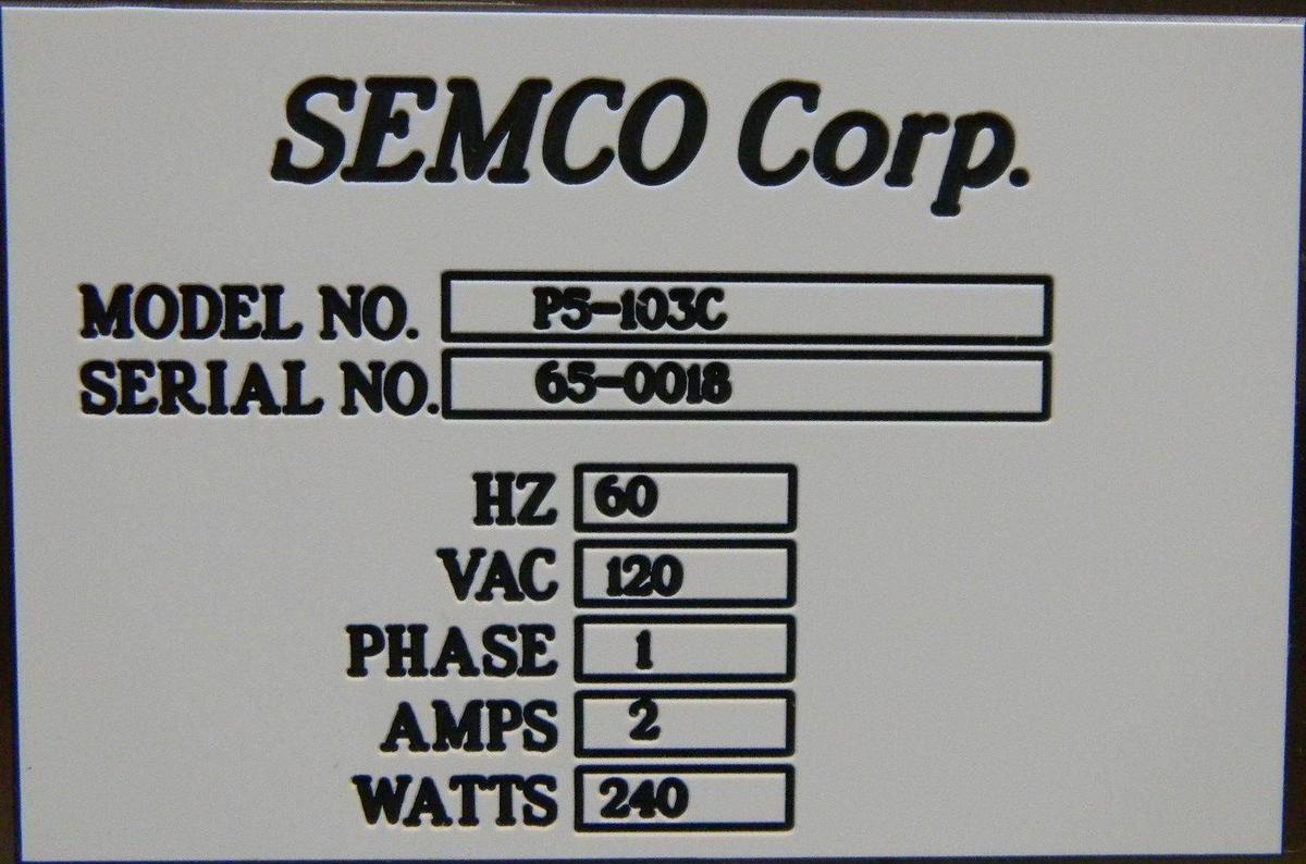 Used Semco Corp. Lydop POCL3 P5-103C Pumping Station, 60HZ, 120VAC, 1 Ph, 2A, 240W