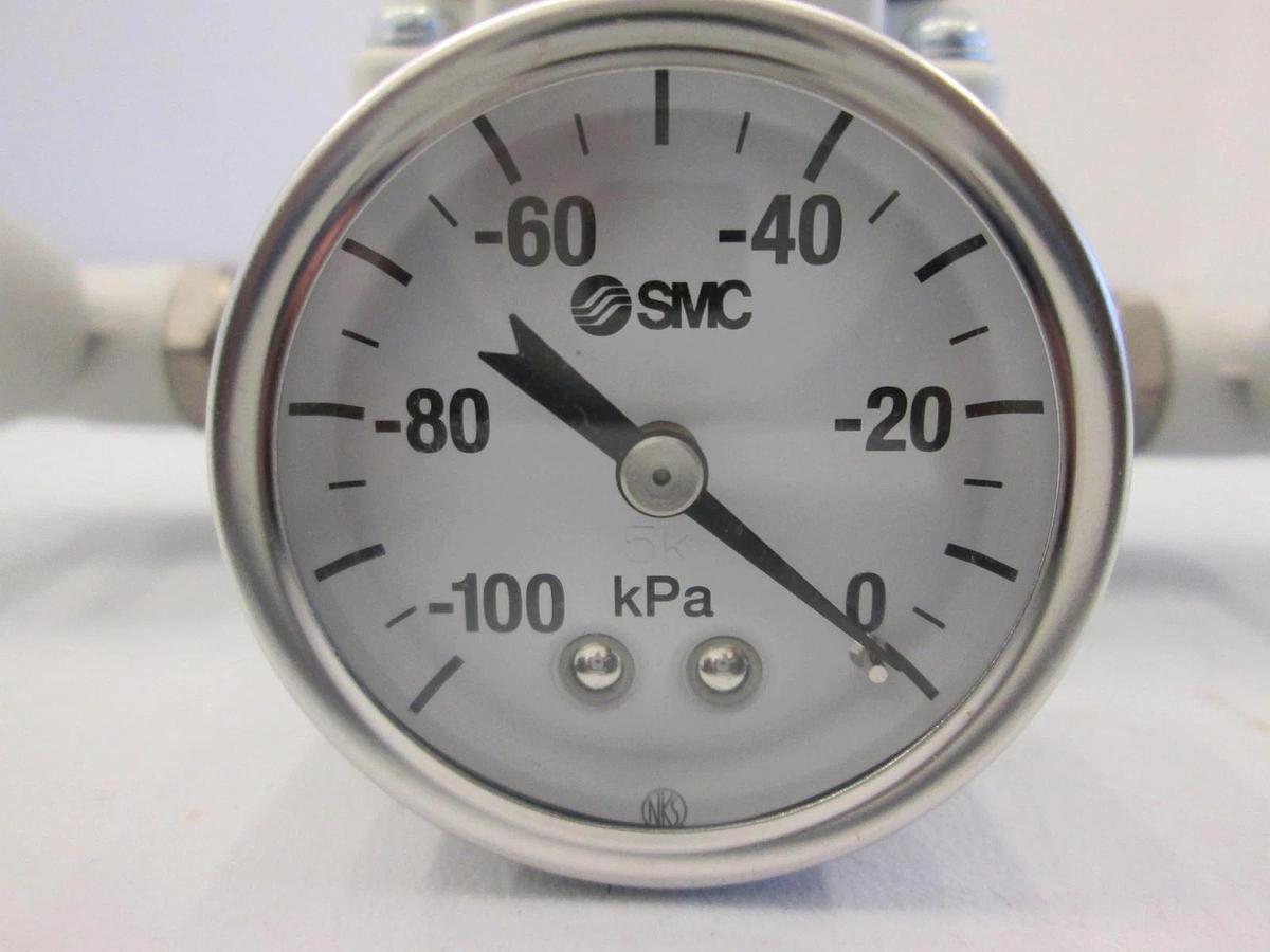 Used SMC, IRV20-03G-X3, Pneumatic Valve w/ -100-0 Pressure Gauge, Used