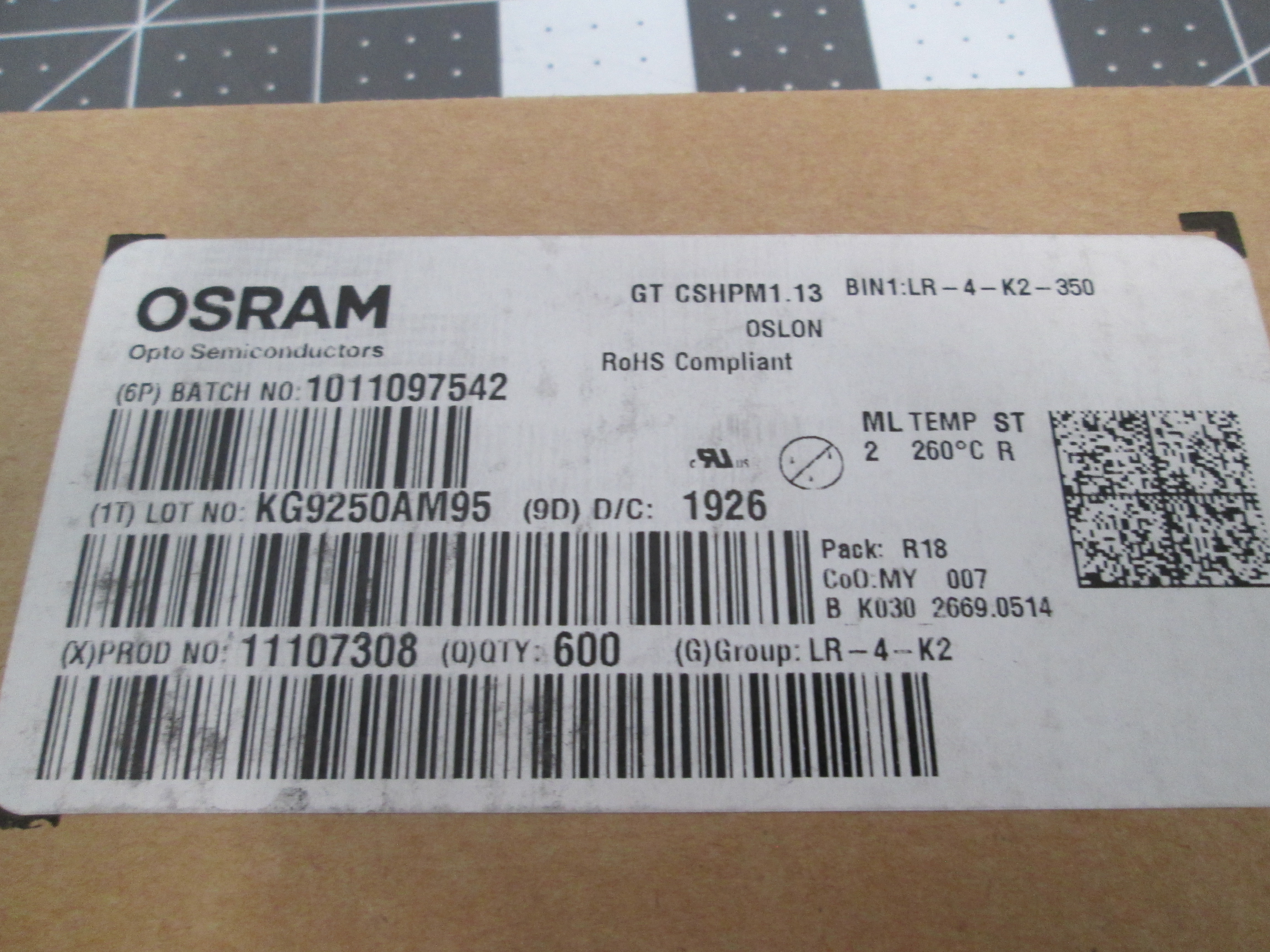 OSRAM OSLON, GT CSHPM1.13, Green LED 600pcs SMD 350mA RoHS New