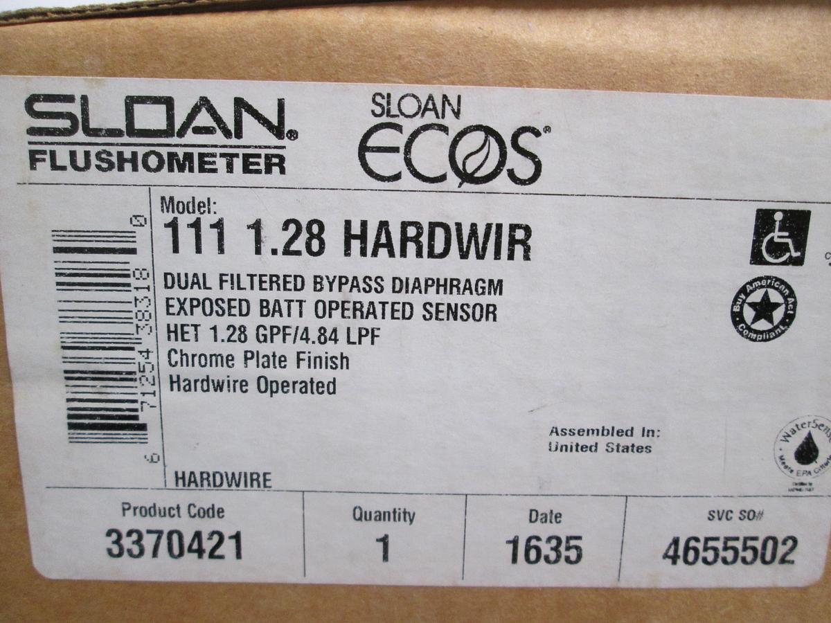 Sloan 111-1.28 ECOS Flushometer 1.28 GPF Chrome HardWire Sensor NIB