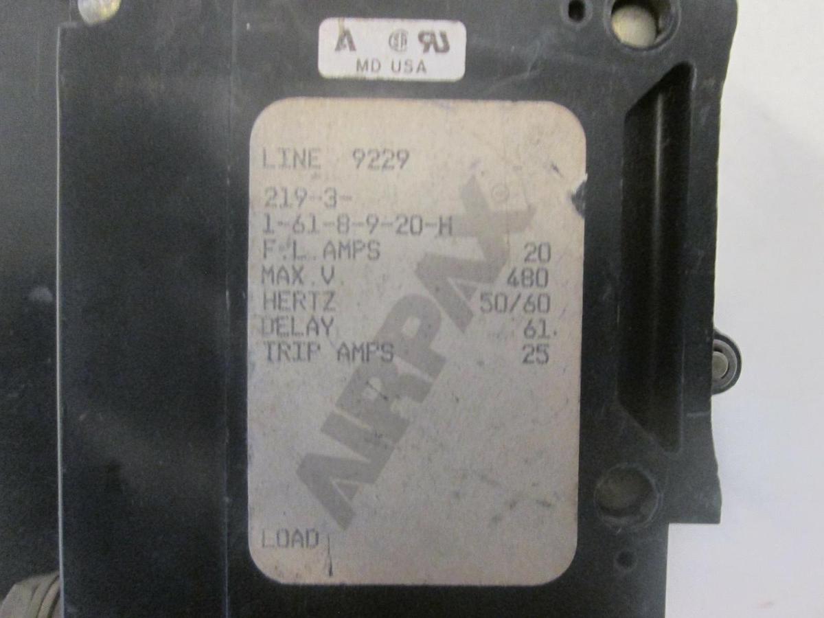 Used Airpax, 2 Pole Circuit Breaker, 219-3-1-61-8-9-20-H, 20A, Used