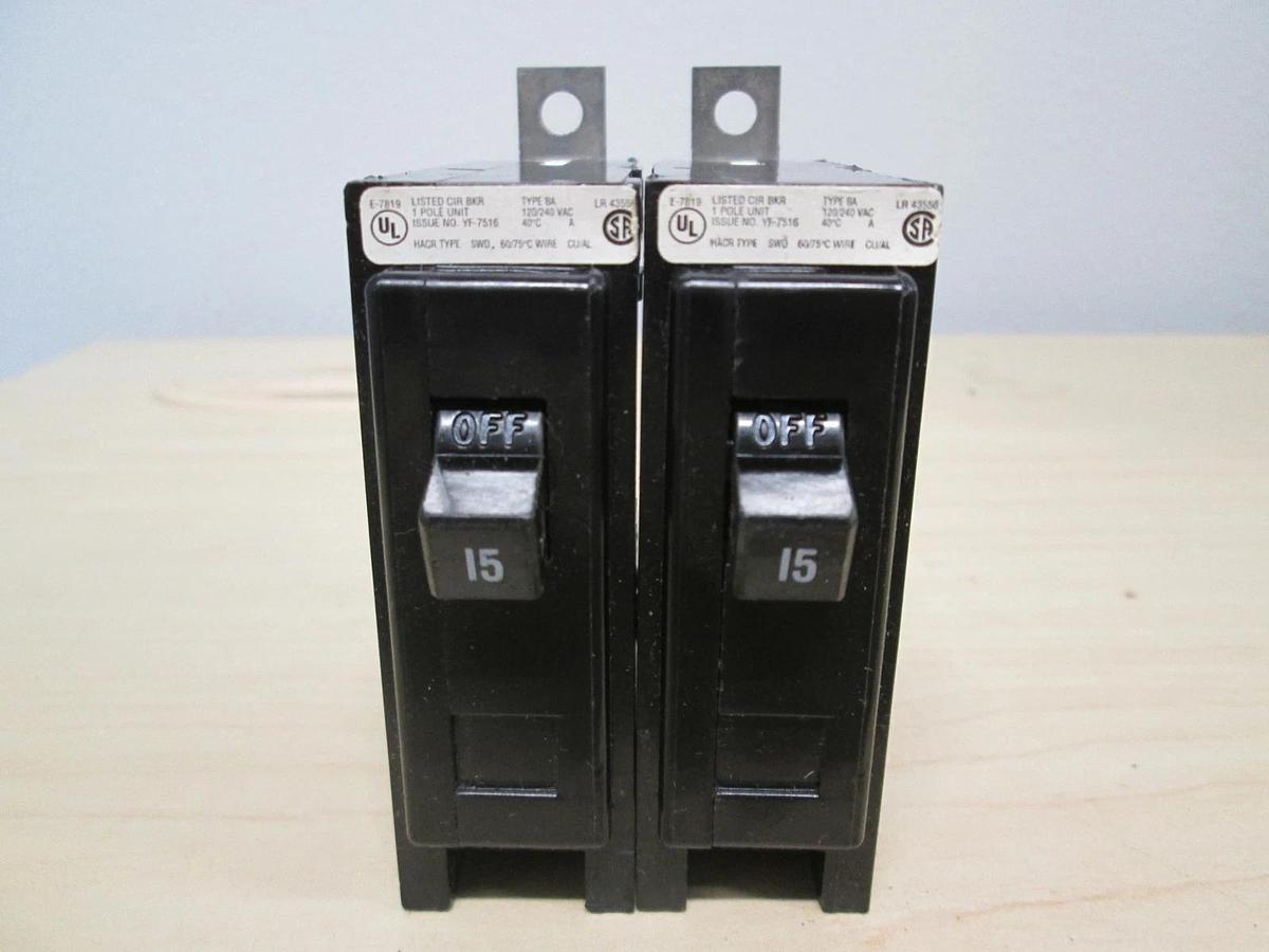 Used Cutler Hammer, YF-7516,Type BA, Single Pole Circuit Breaker, 15A, Used, Lot of 2