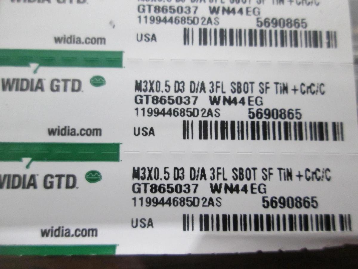 Widia GTD, GT865037, M3X0.5 D3 D/A 3FL SBOT SF TiN+CrC/C, New, Lot of 10
