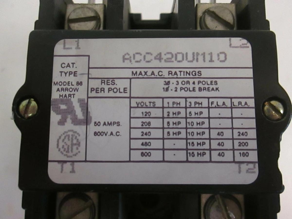 Used Arrow Hart Magnetic Contactor, ACC420UM10, 50A, Used