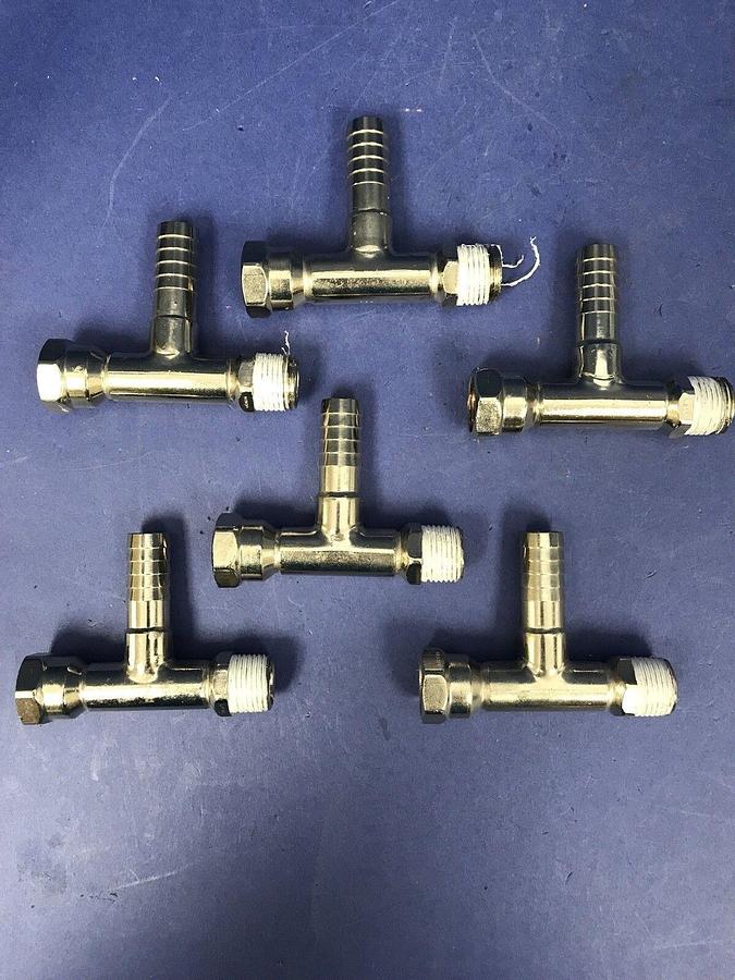Used Nibco Stainless Steel Tee 3/4"FNPT x 3/4"MNPT x 1/2" Barb, Lot of 6 Used