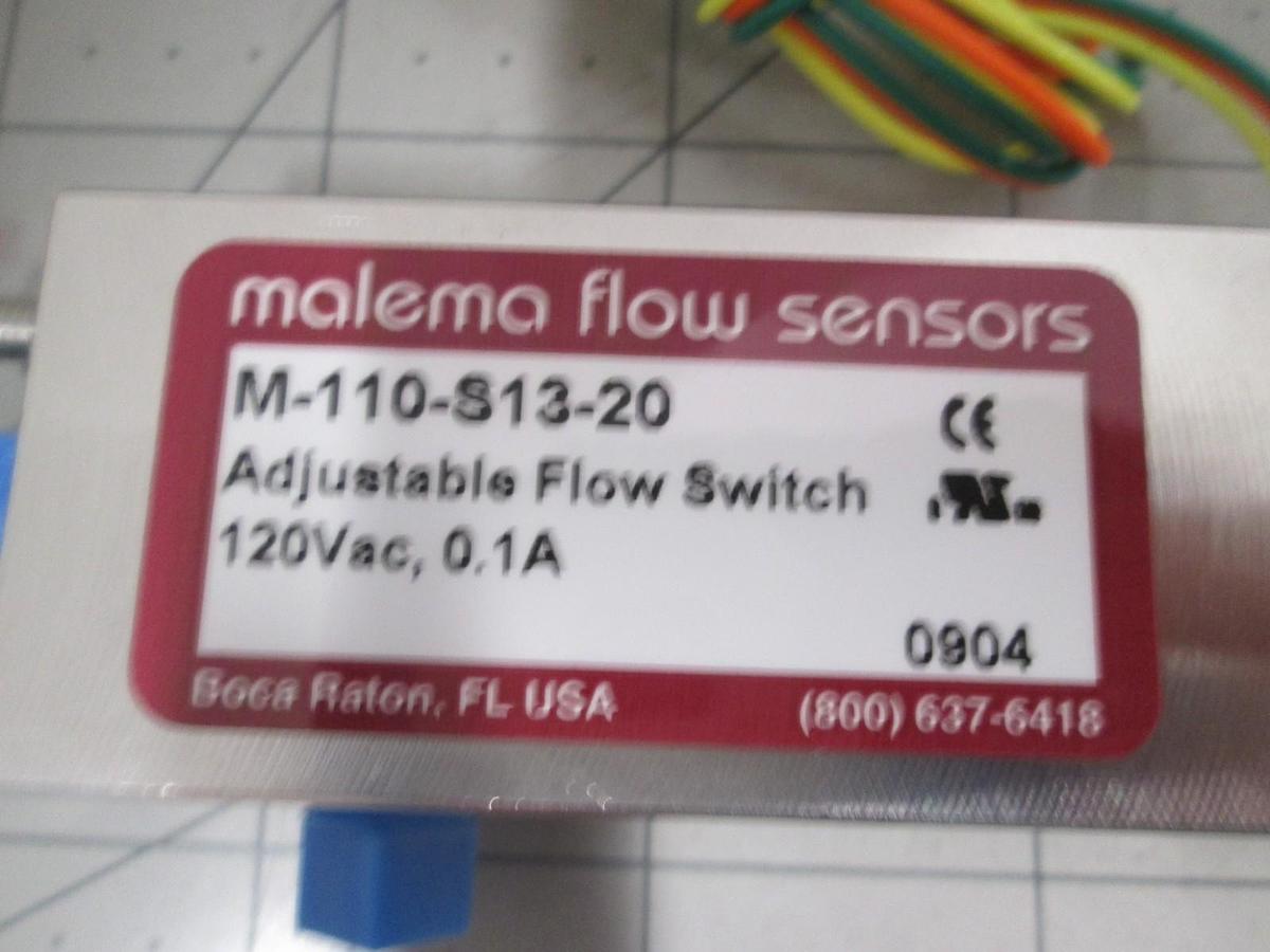 Used Malema Flow Sensors, M-110-S13-20, Adjustable Flow Switch, 120VAC, New