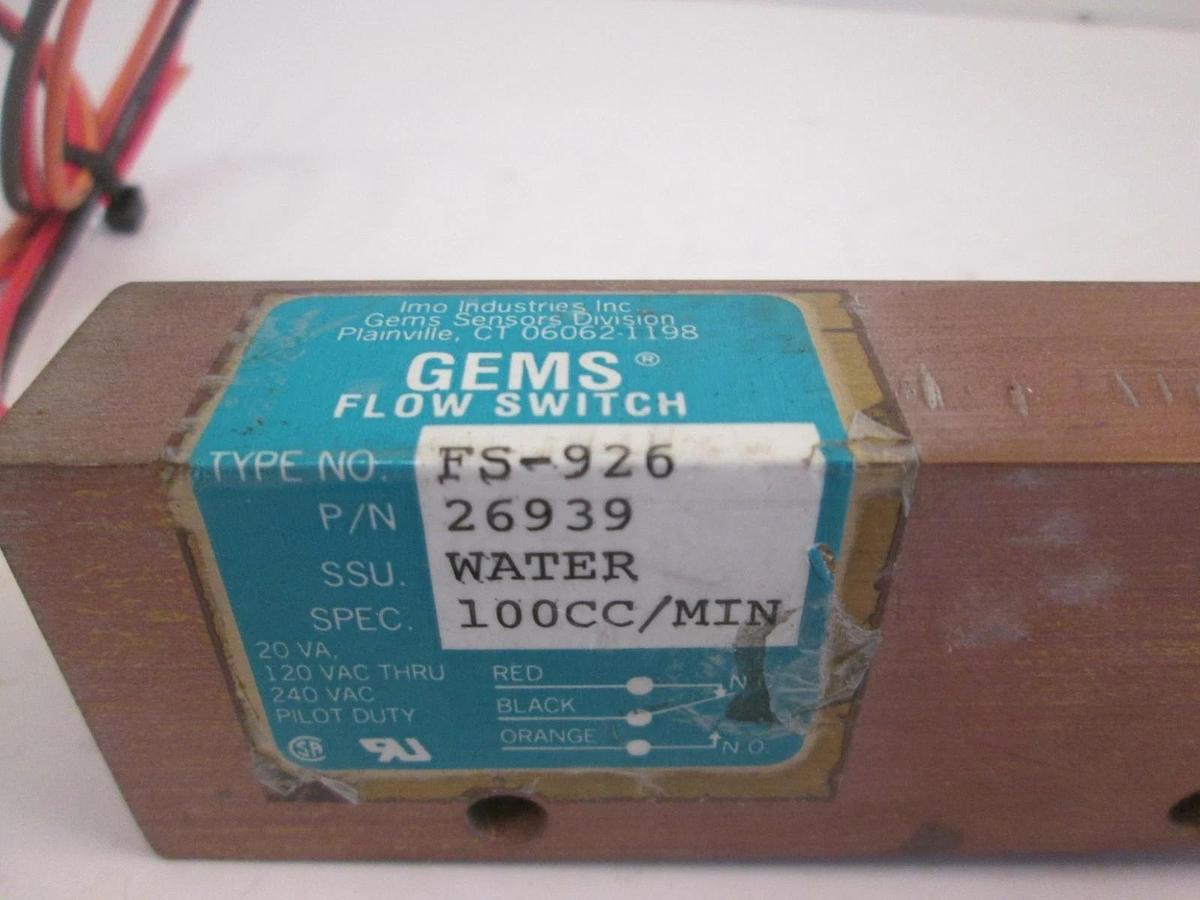 Used GEMS Sensors Type FS-926 Piston Type Flow Switch, 100CC/MIN Water, Used