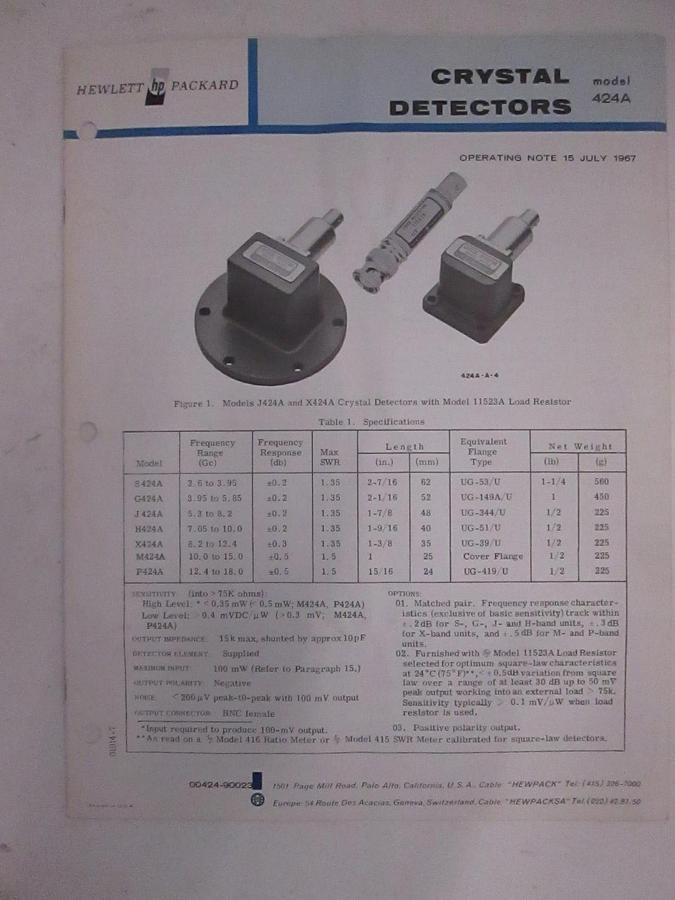 Used HP 424A Crystal Detectors Operating Note, Used