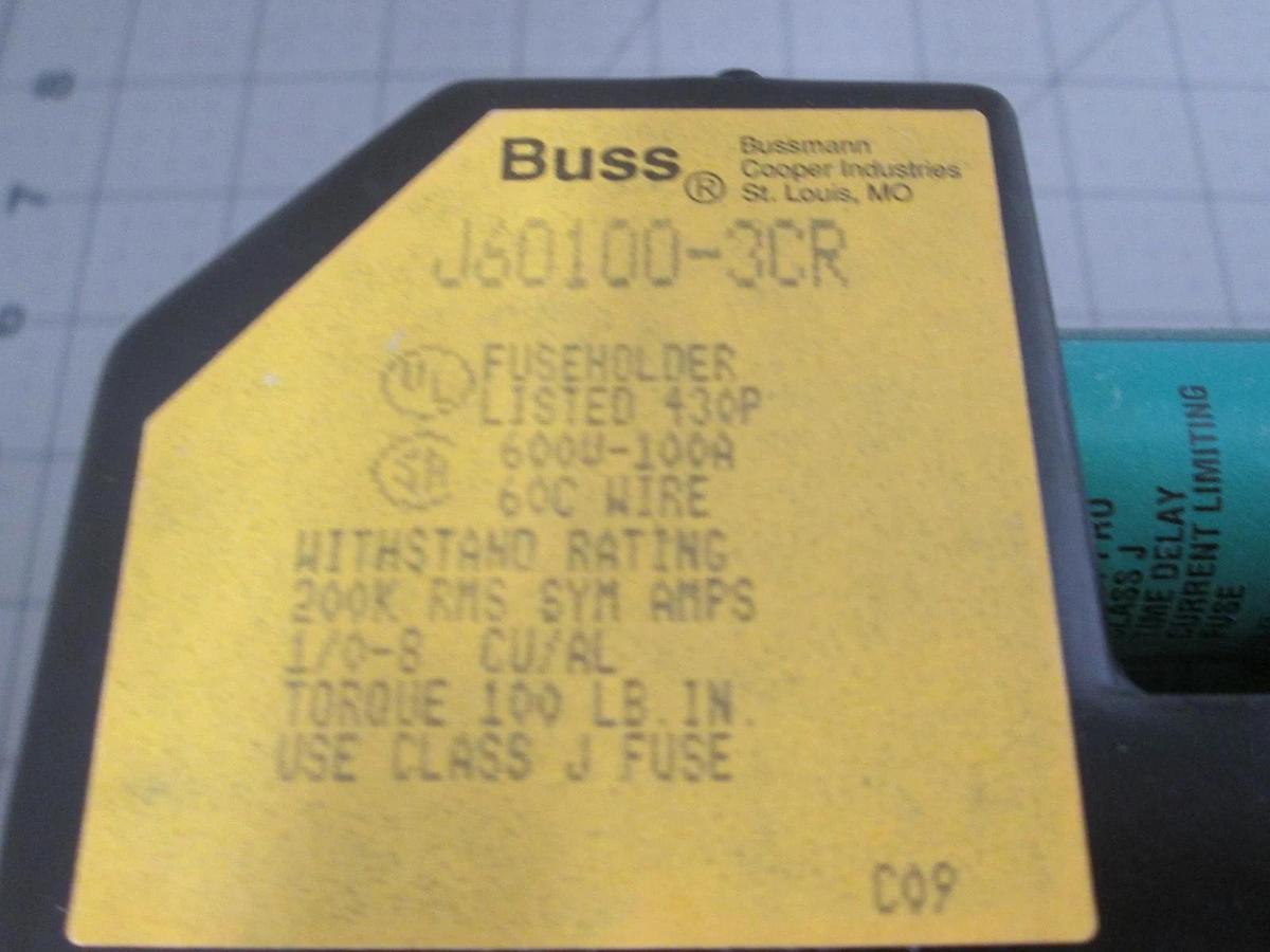 Used Bussmann, J60100-3CR Fuseholder w/ 3 Littelfuse JTD 90 ID Fuses, Used