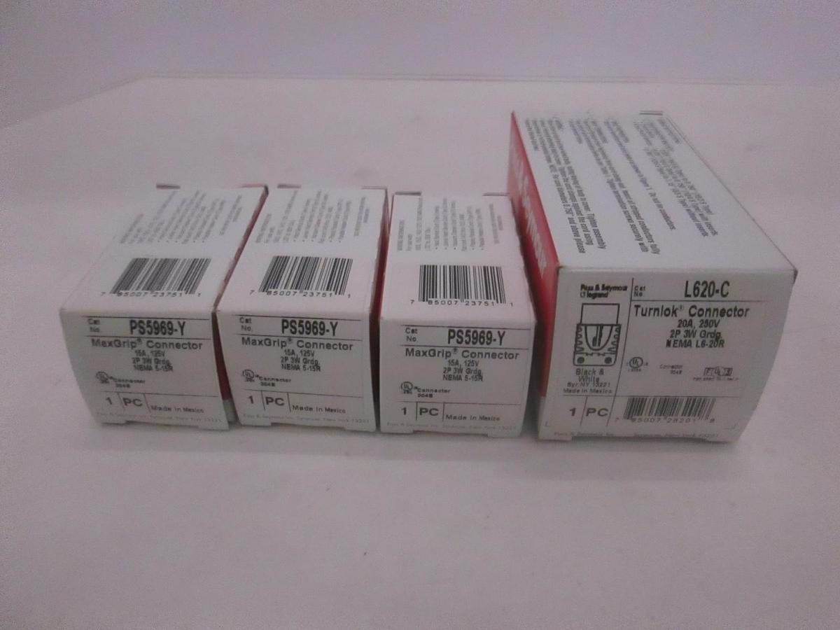 Legrand, MaxGrip Connector PS5969-Y Lot of 3 New and One L620-C Turnlok, New