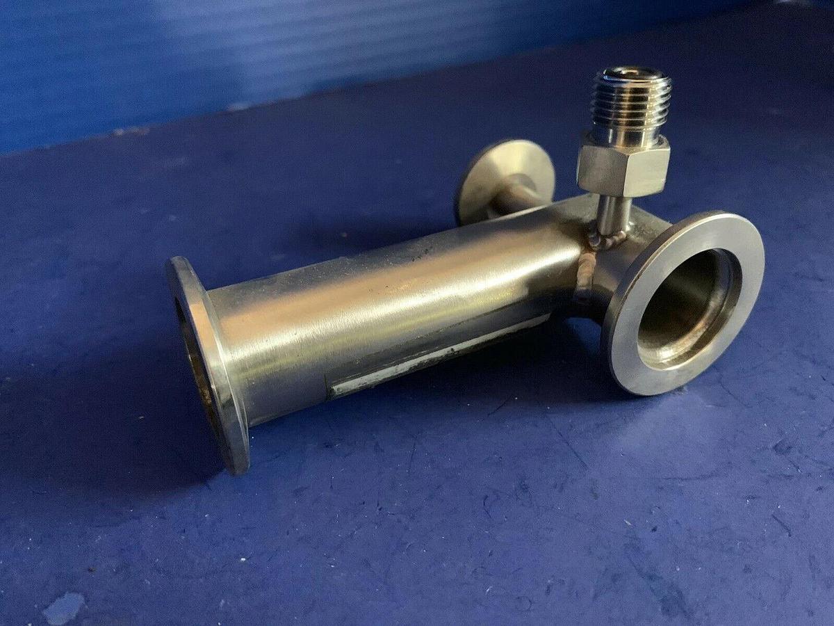Used Vacuum Tube Miltered Elbow w/ 2 Ports, 4" SS Pipe, NW25 Flanges, Used