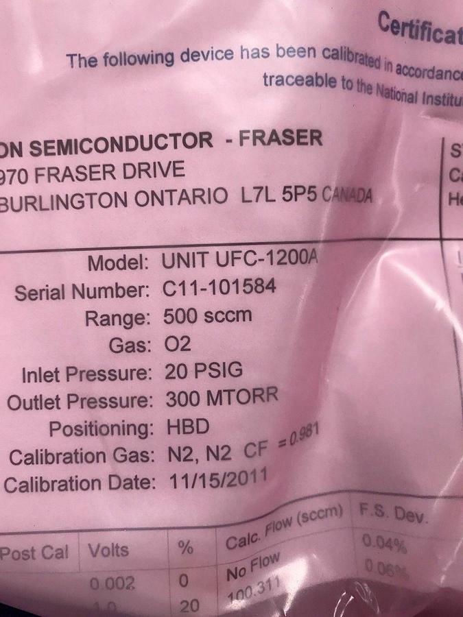 Used Unit UFC-1200A Mass Flow Controller, O2, 500 SCCM, Used