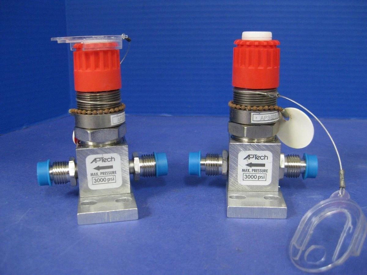 Used APTECH AP3625SM Manual Diaphragm Valve w/ RED Handle & LOTO, Lot of 2
