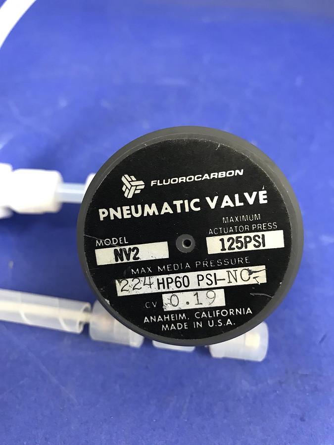 Used Fluorocarbon NV2-224 High Purity N.C. Pneumatic Valve, w/ Teflon Fittings