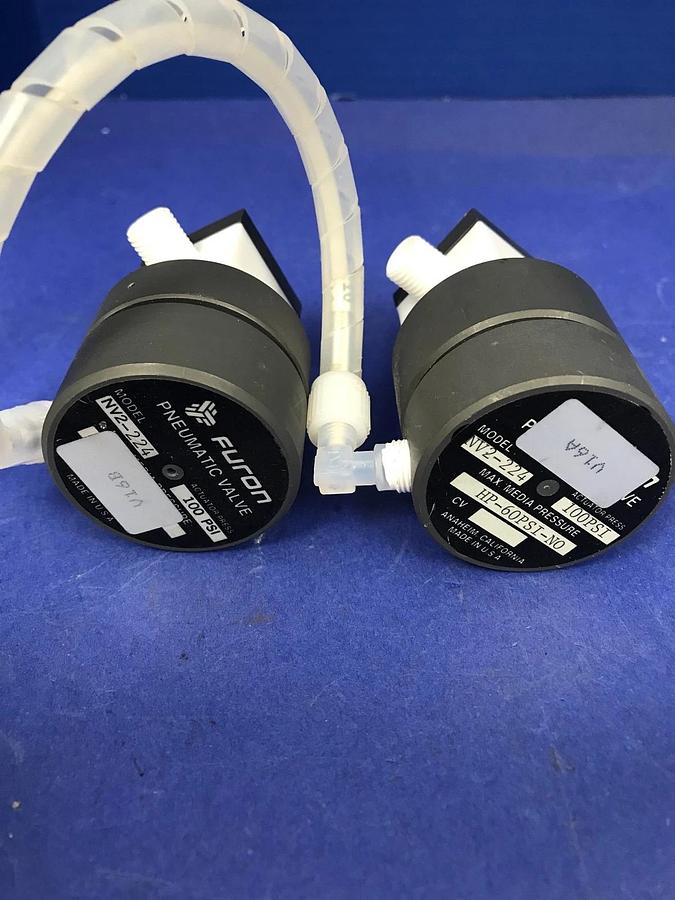 Used Furon NV2-224 HP NO/NC Pneumatic Valve 1/4",60 psi, 100 psi, w/ Tubing, Lot of 2