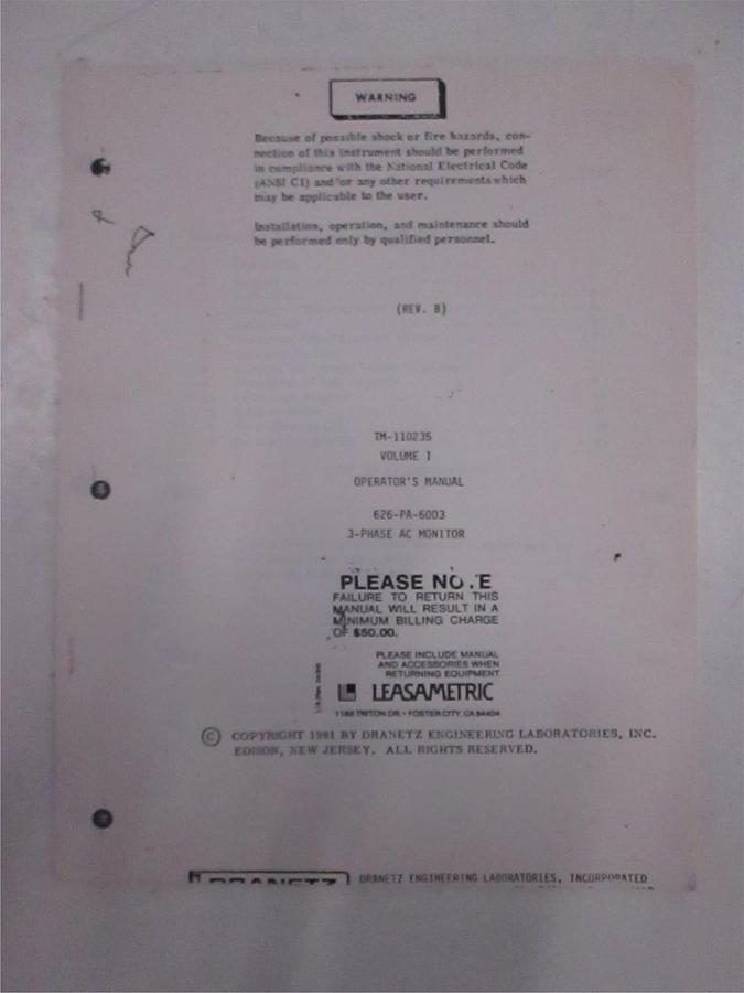 Used Dranetz TM-110235 Volume 1 Operators Manual, Used