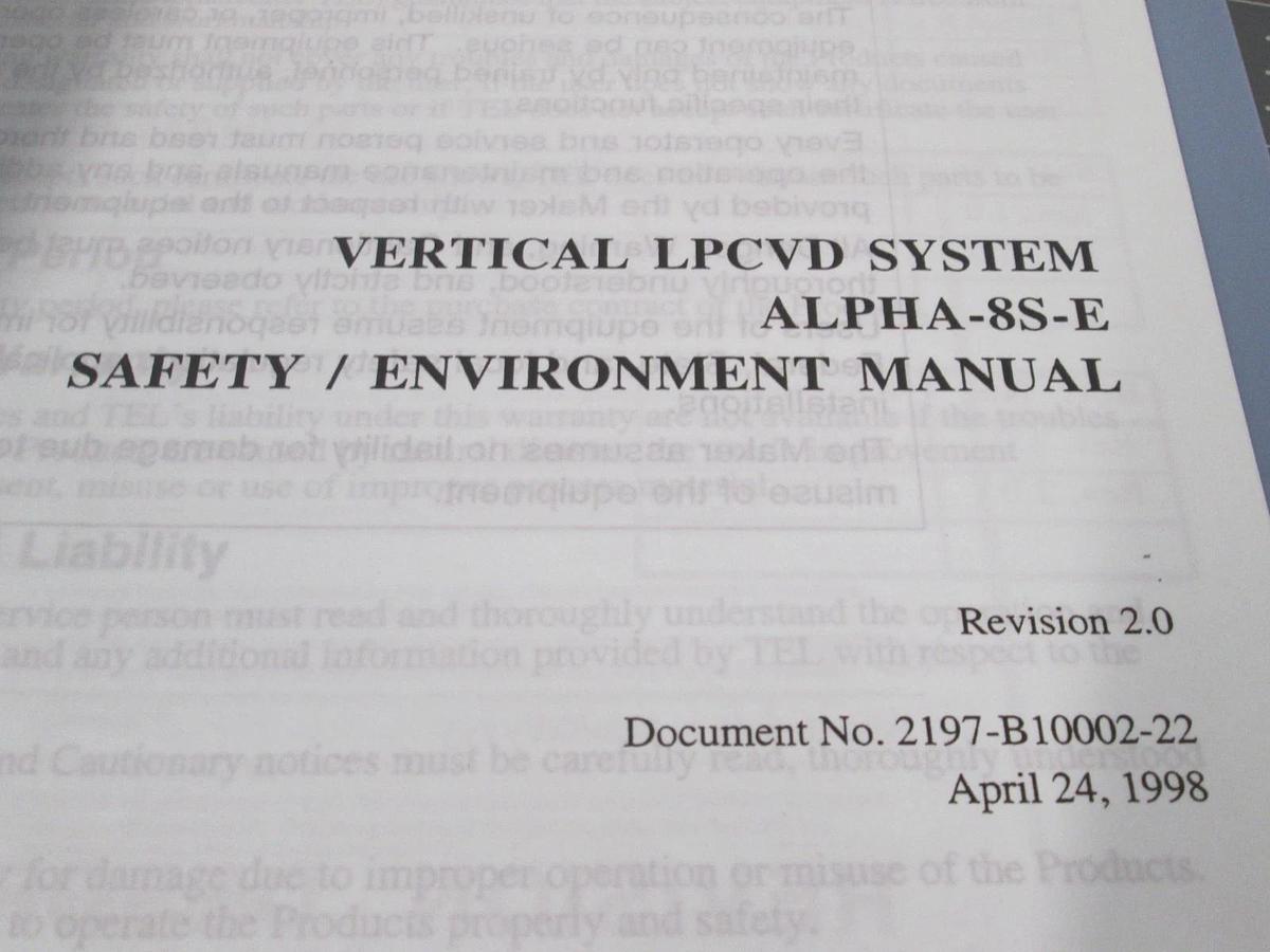 Used TEL Tokyo, ALPHA-8S, Safety/ Environment Manual, REV 2.0, Used
