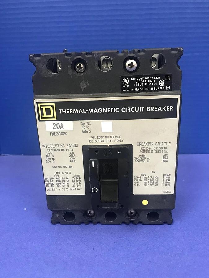 Used Square D FAL34020 Thermal-Magnetic Circuit Breaker, 20A, Used