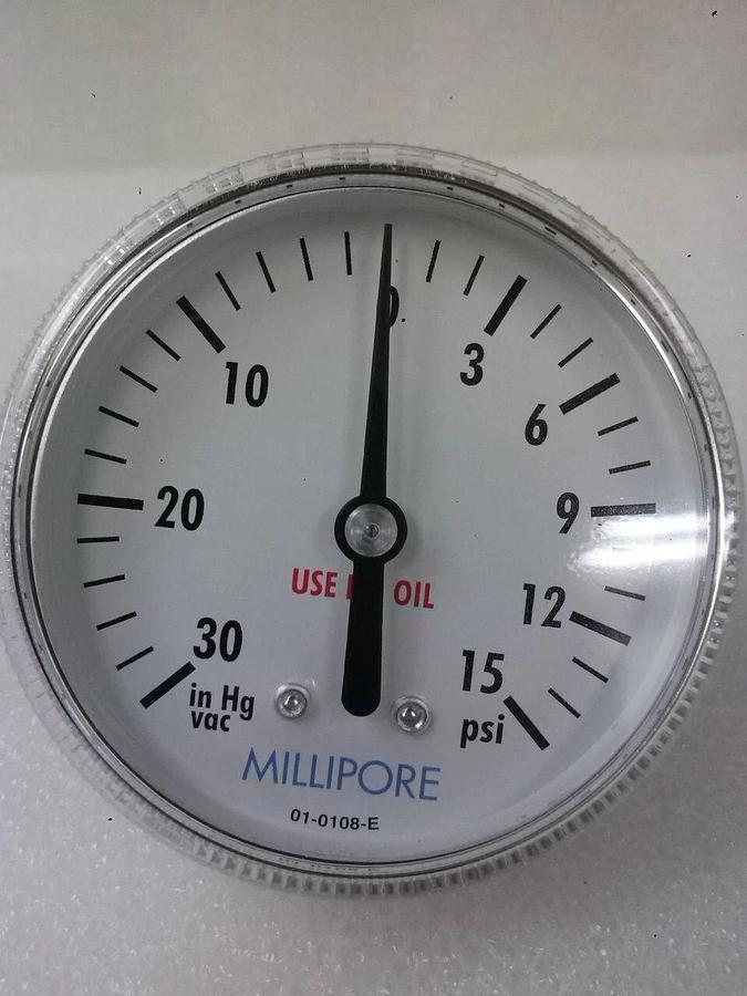 Millipore 01-0108-E Air Pressure/Vac Gauge 30Hgvac to 15psi 1/4 SS316L pipe, WB