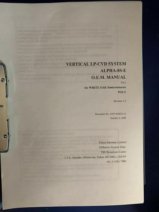 Used Tokyo Electron ALPHA-8S-E Vertical LP-CVD POLY O.E.M. Manual Volume 1, Used