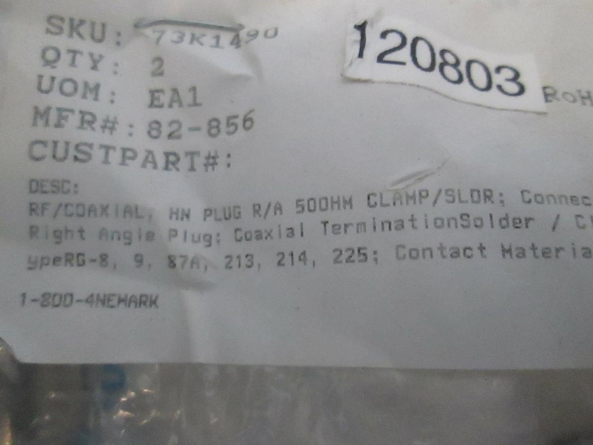 Newark, RF/Coaxial, HN Plug R/A 500 MM Clamp/SLDR, 73K1490, New Lot of 2
