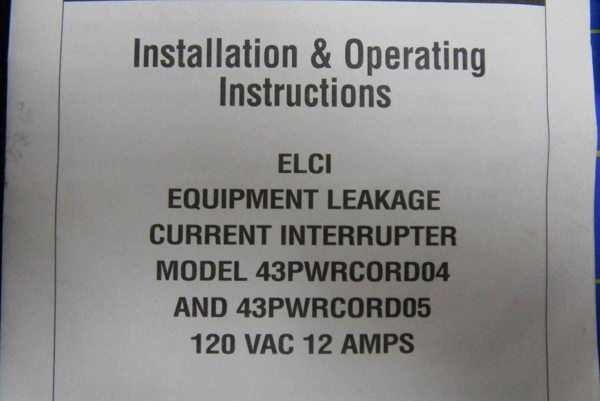 Used MKS 43PWRCORD04 Portable Equipment Leakage Current Interrupter, 6 Ft, 120VAC,12A
