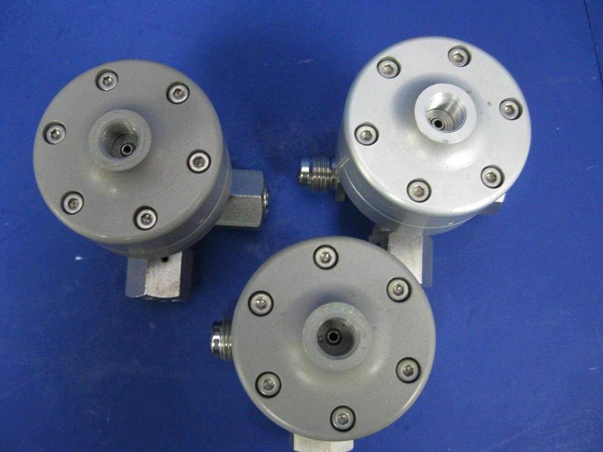 Used Qualiflow ASM Pneumatic 3-Way Test Helium Valve, 3x10(-9) atm.cm3/sec - LOT of 3