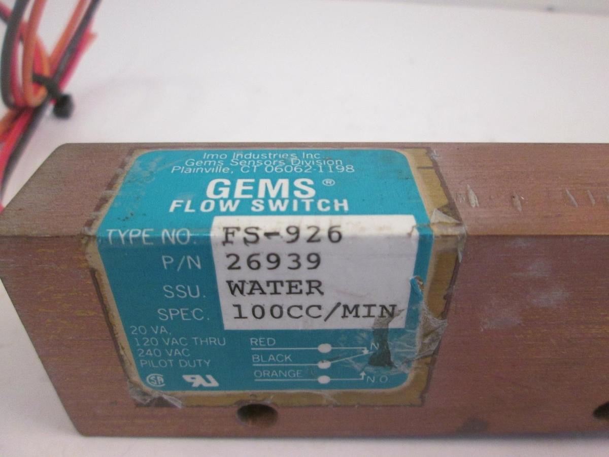 Used GEMS Sensors Type FS-926 Piston Type Flow Switch, 100CC/MIN Water, Used