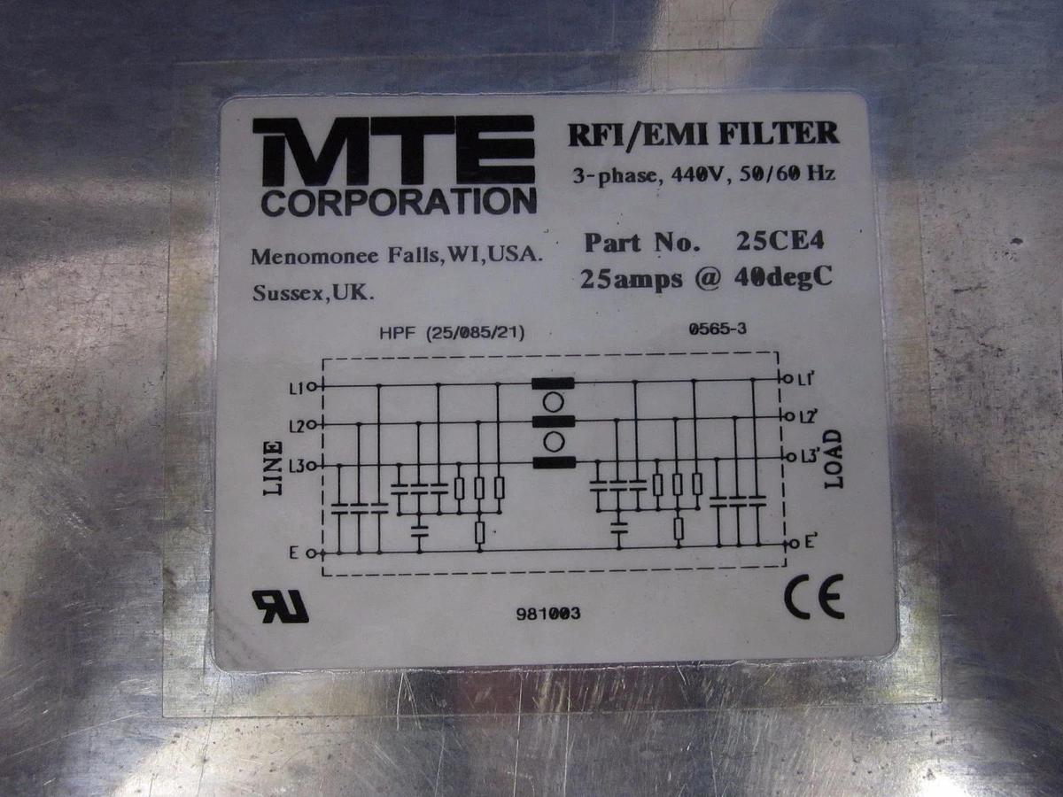 Used MTE Corporation RFI/EMI Filter, 25CE4, 3-Phase, 25A @ 40C